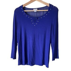 Women's JACLYN Royal blue blouse long sleeve light fabric round neck top size S.